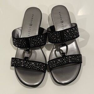 Karen Scott Black and Silver Sandals with Rhinestone Embellishments
